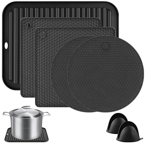 WuGU 7 Stück Topfuntersetzer Silikon, Küchen Silikon Topflappen Set, multifunktionale Topf Untersetzer,Hitzebeständig Topflappen Spülmaschinenfest rutschfest Wabenmuster(Schwarz)