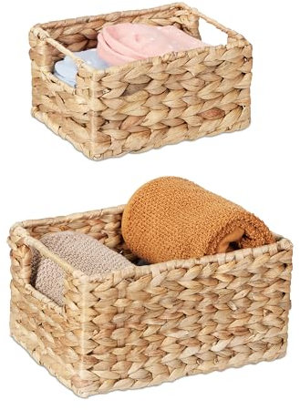 Relaxdays Aufbewahrungskorb Set, Wasserhyazinthe, 2 Größen, Badezimmer & Deko, geflochtene Utensilienkörbe, Natur