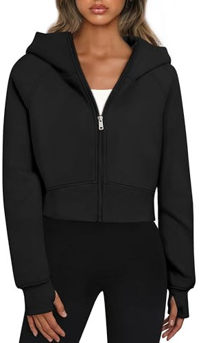 Timuspo Sweatjacke Damen Cropped Y2k Sweatshirt Dünne Jacke Langarm Herbst Winter Schwarzer Hoodie Reißverschluss Fleecejacke mit Kapuze Kapuzenpullover Schwarz L