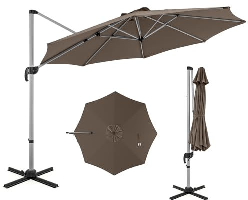 RELAX4LIFE Parasol Déporté avec Pied en Aluminium pour Jardin Extérieur avec Rotation à 360° Inclinaison Base Croisée, Double Toit pour Marché (Brun)