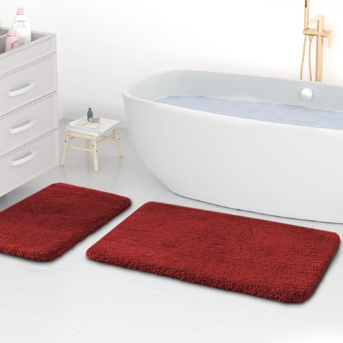 wyewye Mikrofaser-Badematten, 2 cm super dicke Badteppiche, super saugfähige Badezimmerteppiche 50x80 cm und 40x60 cm, Rot