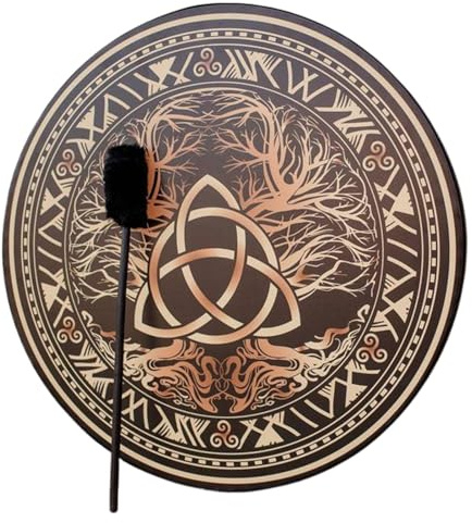 Shaman trumma – vegetarisk helig keltisk trumma, vegetarisk shamanisk trumma | Symbol för andlig musik sibirisk trumma med pinne, ljudläkande trummor för andlig musik chakra balans reflektion
