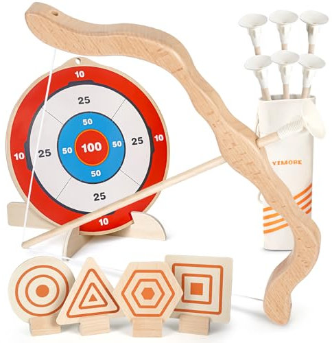 YIMORE Pfeil und Bogen Kinder Set, Bogenschießen Kinder Holzspielzeug mit 6 Saugnapf-Pfeilen, 1 Großes Zielscheibe, 4 Kleine Zielscheiben und Köcher, Kinderbogen für ab 3 Jahre Junge Mädchen