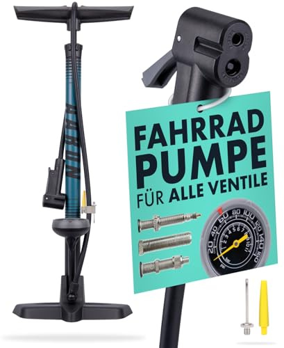 AARON Sport One Fahrrad Standpumpe mit Manometer für alle Ventile | Hochdruck Fahrradpumpe inkl. Ball Aufsatz | Luftpumpe für E-Bike, Mountainbike, Rennrad UVM. Blau