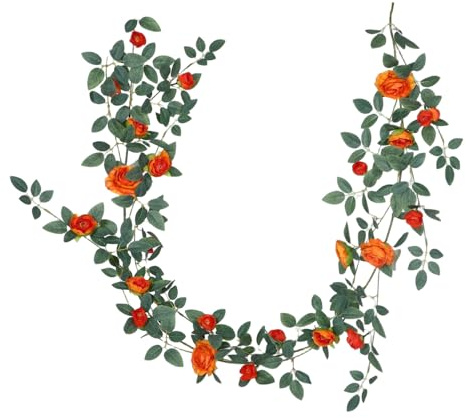 UKCOCO Simulerad Rose Vinrank Falska Blommor Konstgjord Bukett Blommor Faux Grönska Girlang Verklighetstrogen Blomsterkrans Konstgjord Blomstergirland Blommig Swag Järntråd Orange