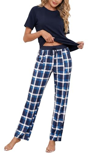 Uniexcosm Women's Pyjamas Set Short Sleeve Cotton Loungewear Soft Checked Ladies Pjs with Crew Neck Top and Loose fit Wide Leg Trousers with Pockets 2 Pieces Sleepwear,Blue,M