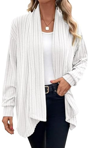 Chicrise Cardigan Femme Long DéContracté Gilet Chic Et Elegant LéGer Manteau Tricoté Rayé Blanc Grand 42-44 L