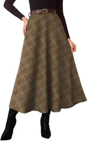 Pink Queen High Waisted A Line Skirts for Womens with Pockets Midi Length Plaid Elegant Work Dress Long Wool Tartan Flowy Fall Skirts 2026 Winter Going Out Outfits for Women Coffee S
