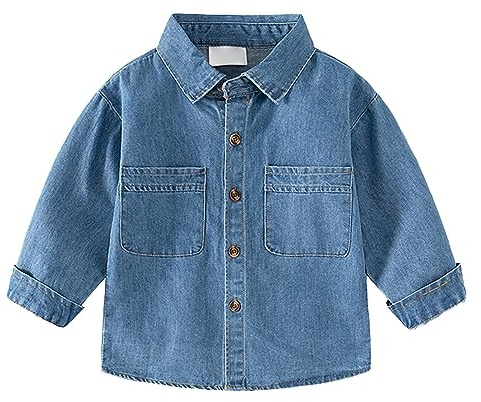 PODOLIXIA Camisa vaquera vintage para niños, camisa occidental, camisa vaquera, camisa vaquera de manga larga, con botones, camisa vaquera pequeña, azul