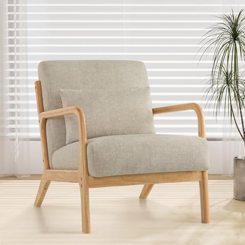 XH.Easy Go Modern Accent Chair with Pillow, Comfy Armchair with Wood Frame,Upholstered Mid-Century Reading Lounge Arm Chair for Living Room Bedroom,Lightgrey