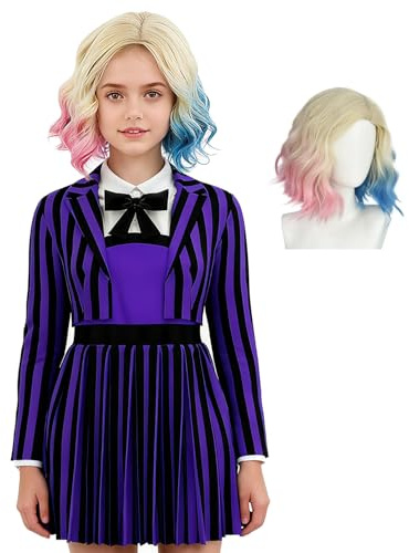 Mythloom Enid - Disfraz para niñas con peluca, uniforme escolar de Enid Sinclair, trajes escolares, trajes de cosplay, chaqueta morada, vestido de Halloween, cumpleaños, fiesta familiar