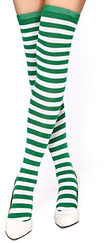 Krautwear® Damen Gestreifte Overknees Strümpfe Ringelstrümpfe Karneval Fasching Cosplay 80er Jahre (grün/weiss)
