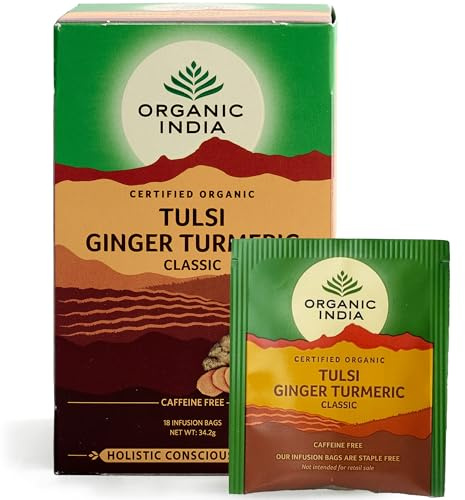 ORGANIC INDIA Tulsi Turmeric Ginger Tea Bags - Herbal Tea, Stress Relieving & Harmonizing, Immune Support, Healthy Inflammatory Response, Aids Digestion, Caffeine-Free - 18 Infusion Bags, 1 Pack