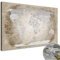 Stilvolle Pinnwand Weltkarte - Beige - Deutsch in 120 x 80 cm, stabile Rückwand zum Pinnen inkl. Starterkit - Leinwand-Kunstdruck Wandbild Landkarte XXL