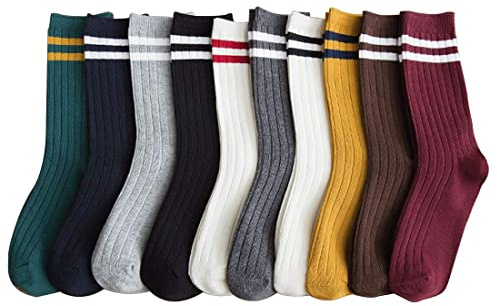 METICK Striped Crew Socks 10 Pairs Retro Cute Long Tube Crew Socks for Women