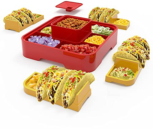 OOFAYBILL Taco Bar Set de service pour une fête – Taco Tuesday Kit de 4 porte-tacos personnels, Taco Night pour burritos, nachos, 7 compartiments pour garnitures de tacos