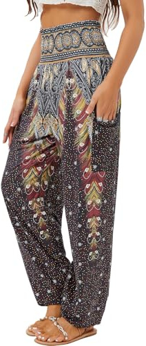 QIANXIZHAN Women's Harem Pants, High Waist Yoga Boho Trousers with Pockets Black Flower L