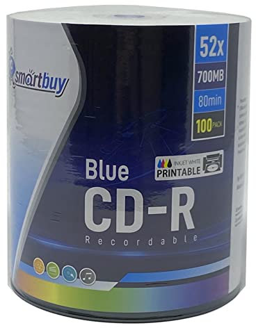 Smartbuy 100 Pack Super Blue CD-R 52X 700MB/80Min Cyanine Dye White Inkjet Hub Printable Blank Recordable Disc