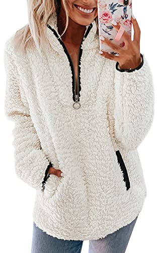 Nilimoph Womens Fleece Jumper Fluffy Pullover Teddy Fleece Sweatshirts Casual Top Fuzzy 1/4 Zip Up Long Sleeve Stand Collar Cozy Coat Tops with Pockets (A White, XL)