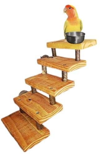 Escalera para jaula de loros, juguete de pino natural de aves agaporni, ninfas, juego de pájaros con comedero, percha accesorio voladera y aviario de cotorras, CALIDAD PREMIUM. (S)