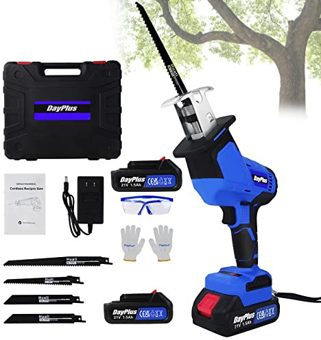 Scie électrique à 2 piles avec 4 lames de rechange pour bois/métal, scie à bois alimentée par batterie 21 V, changement de lame sans outil, lumière LED, coupe du bois et du métal, élagage des arbres