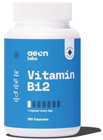 AEON LABS Vitamine B12 1000 µg - 180 Capsules - Contribue à Améliorer l'Énergie, l'Immunité et la Fatigue - Dose Journalière (6 mois) - Vegan - Sans Sucre, Lactose ni Gluten - Testé en Laboratoire