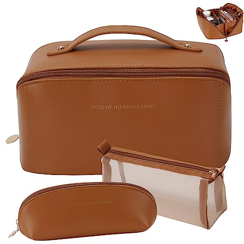 Advantage Travel Makeup Cosmetic Bag, 3 Sets Large Capacity Cosmetics for Women Waterproof PU Leather Cosmetic Bag Wide Opening Flat Makeup Tool Pouch with Compartment, Brown, Medium, Cosmetic Bags