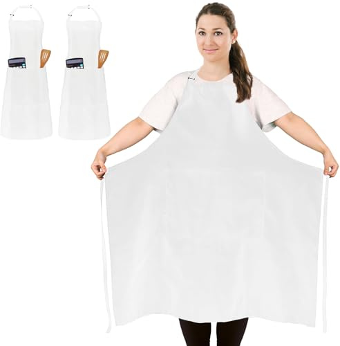 FunChaos 2 Pces Tablier de Chef Blanc, Tablier Unisexe avec 2 Poches pour Cuisine, Grillades, Barbecue, Travail, Tablier Professionnel pour Serveur, Artiste, Coiffeur (Taille Grande)