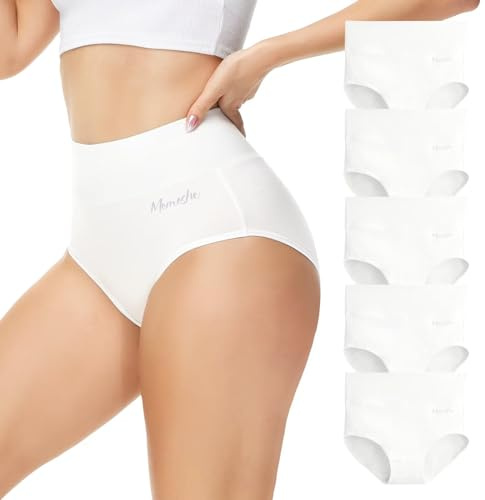 Momoshe Mutande Donna Cotone Vita Alta Pacco da 5 Slip Traspirante Culotte Comode Elasticizzato Intimo Bianco L