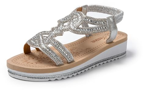 JOMIX Sandalias Mujer Verano con Banda Elástica Sandalias Mujer Comodas con Joyas Brillantes Sandalias Plataforma Mujer Playa Piscina Mar, Plateado, 37 EU