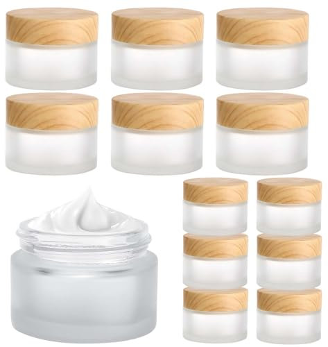 Auauraintt 12 Pièces 20g/30ml pot en verre dépoli,Flacon de crème de voyage rechargeable,Pot cosmétique avec couvercle en grain de bois,pour Crème, lotion, Poudre etc