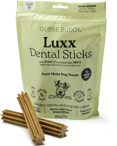 Globe Buddy Luxx Dental Sticks für Hunde – Getreidefreie Kausticks mit Insektenprotein, Minze & SHMP – Reduziert Plaque & Zahnstein – 7 Super Premium Zahnpflege-Snacks (250g)