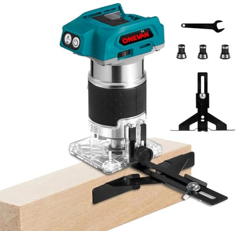 ONEVAN Akku Oberfräse für Makita 18V, Bürstenloser Kantenfräse Einhandfräse Akku Holztrimmer Katsu Tools für Holzbearbeitung, mit 3 Spannzangen 6mm, 6,35mm, 8mm (ohne Akku)