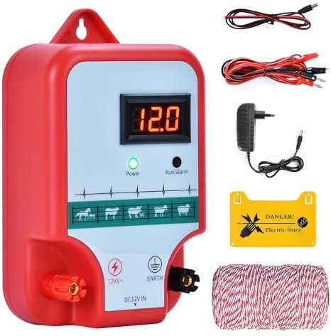 15 km Weidezaungerät mit Weidezaunlitze, 2J Weidegerät mit LED Display, Elektro Weide Zaun für Hühner, Schafe, Schweine, Füchse, Kühe, für landwirtschaftliche Unternehmen
