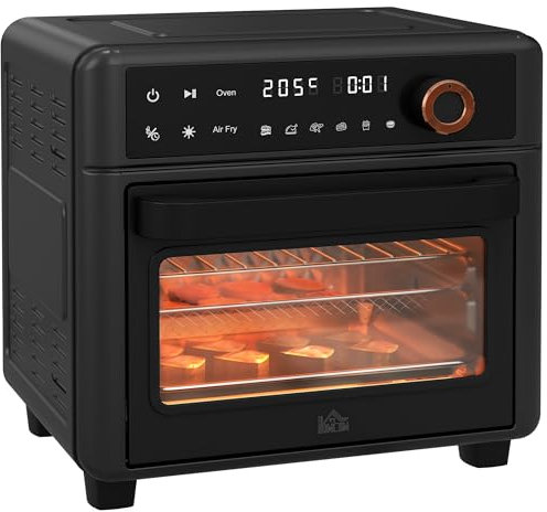 HOMCOM Minibackofen mit Umluft 13L Mini Ofen mit Backblech, Grillrost und Krümelblech, 40 °C-220 °C Heißluftfritteuse mit 12 Programmen, Frittierkorb, 12h Timer, 1500W, Edelstahl