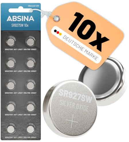 ABSINA SR 927 SW Uhren Knopfzelle 1,55V Silberoxid 10er Pack - Uhrenbatterie 395/399 / AG7 / LR927 - SR927SW Uhrenbatterie auslaufsicher & Lange Haltbarkeit - Uhrenbatterie SR927SW, Knopfzelle 395