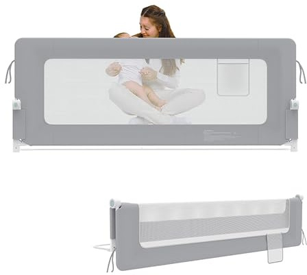 Aufun Bettgitter Rausfallschutz Portable 180cm, Faltbar Kinderbettgitter für Kinder Babybettgitter Klappbar, Tragbar, Bettschuztgitter Bett für Babys und Kinder im Elternbett, Grau