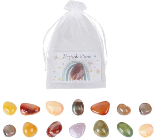 Chanumetal Set di 15 pietre portafortuna per bambini, 2 – 3 cm, pietre colorate per bambini con pietra magica arcobaleno, biglietti di auguri di compleanno per bambini
