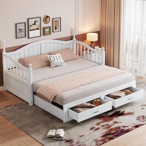 Wyibwy Divano letto estraibile in legno massello 90(180) x190 cm, con colonne romane, con schienale e braccioli curvi, divano letto 2 posti con cassetti e rete a doghe, legno di pino, bianco