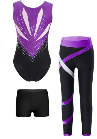Riismen 3 Pcs Justaucorps De Gymnastique Enfant Fille Leotard Bandeau Short Legging Violet et noir 11-12 ans