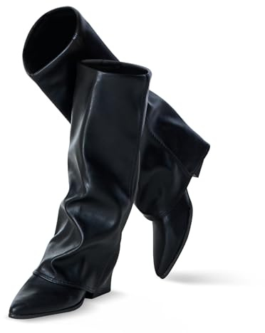 Knee High Boots Women, Fold Over Shark Boots Pointed Toe block heels Wide Calf，Minimalist Street Style Faux Leather Boots for Fall & Winter (Black, Adult, Women, 9.5, Numeric, US Footwear Size System, Medium)