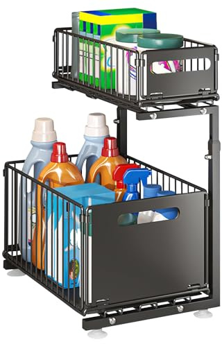 Huole - Organizador de cocina, estante bajo fregadero, portaespecias, cesta de almacenamiento deslizante de metal, para cocina, cuarto de baño, dormitorio (26,5 x 38 x 48,5 cm (negro))