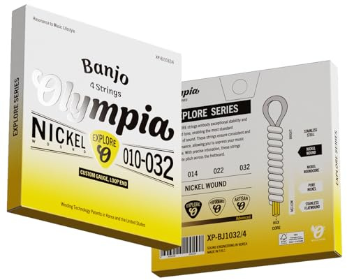 Olympia Explore Series 4-String Banjo Strings – Nickel Wound – Custom Gauge 010–032 – Loop End – Bright Balanced Tone – Hex Core – Reliable Pitch – Explore Series
