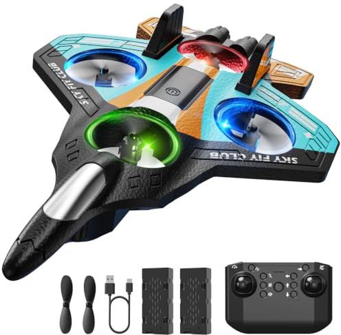 DEERC RC-flygplan i skum för barn, radiostyrt, med höjdbevarande, 3D-flips och LED-lampor, 2 batterier, RC-flygplan lämpligt för nybörjare för pojkar och flickor (blå-orange)