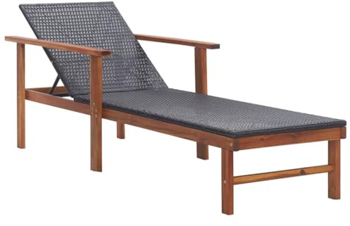 HaoChrymec Lettino Prendisole, in Polyrattan e Legno Acacia, Design Moderno con Braccioli, Sdraio da Giardino, Lettino da Spiaggia, per Piscina e Terrazzo, Colore Nero, 200 x 55 x 56 cm