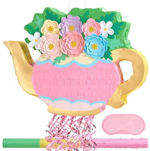 WERNNSAI Pink Teapot Pinata Tea Party Decoration Vintage Flower Pinata | Tea Party Decorations Wonderland Birthday Wedding Bachelorette Photo Props Fillable 3lbs Hit Prize Drops