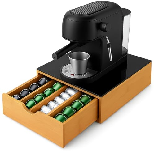 Rocard® Organizzatore per Caffè in Bambù con Piano in Vetro Nero, Cassetto Porta Capsule e Cialde, 30x30x10 cm, 4 Scomparti per Tè, Zucchero, Cucina e Accessori