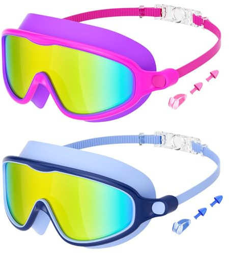 LadJarr 2 Pack Kids Swimming Goggles Wide Vision Swim Goggles with Ear Plugs Nose Clip Anti Fog UV Protection No Leakage Clear Vision for Children Early Teens