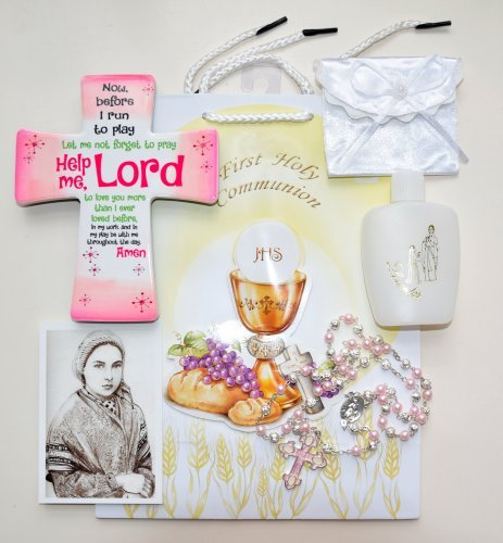 Filles cadeaux de première communion de croix plaque, lourdes Sainte l'eau, Calice Rose Chapelet, soie, communion Sac à main, carte de prière et Chapelet