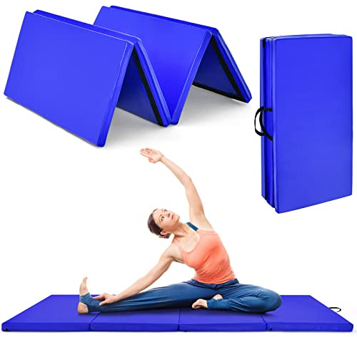 COSTWAY Matelas Gymnastique Pliable 240 x 116 x 5 cm Tapis de Sol Pliable Epais Tapis de Gymnastique 4 Plis Antidérapant Bleu Foncé